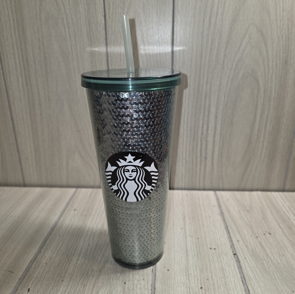 Starbucks Store Teal Green Sequine Tumbler 24oz With Straw Sparkle Cold Cup